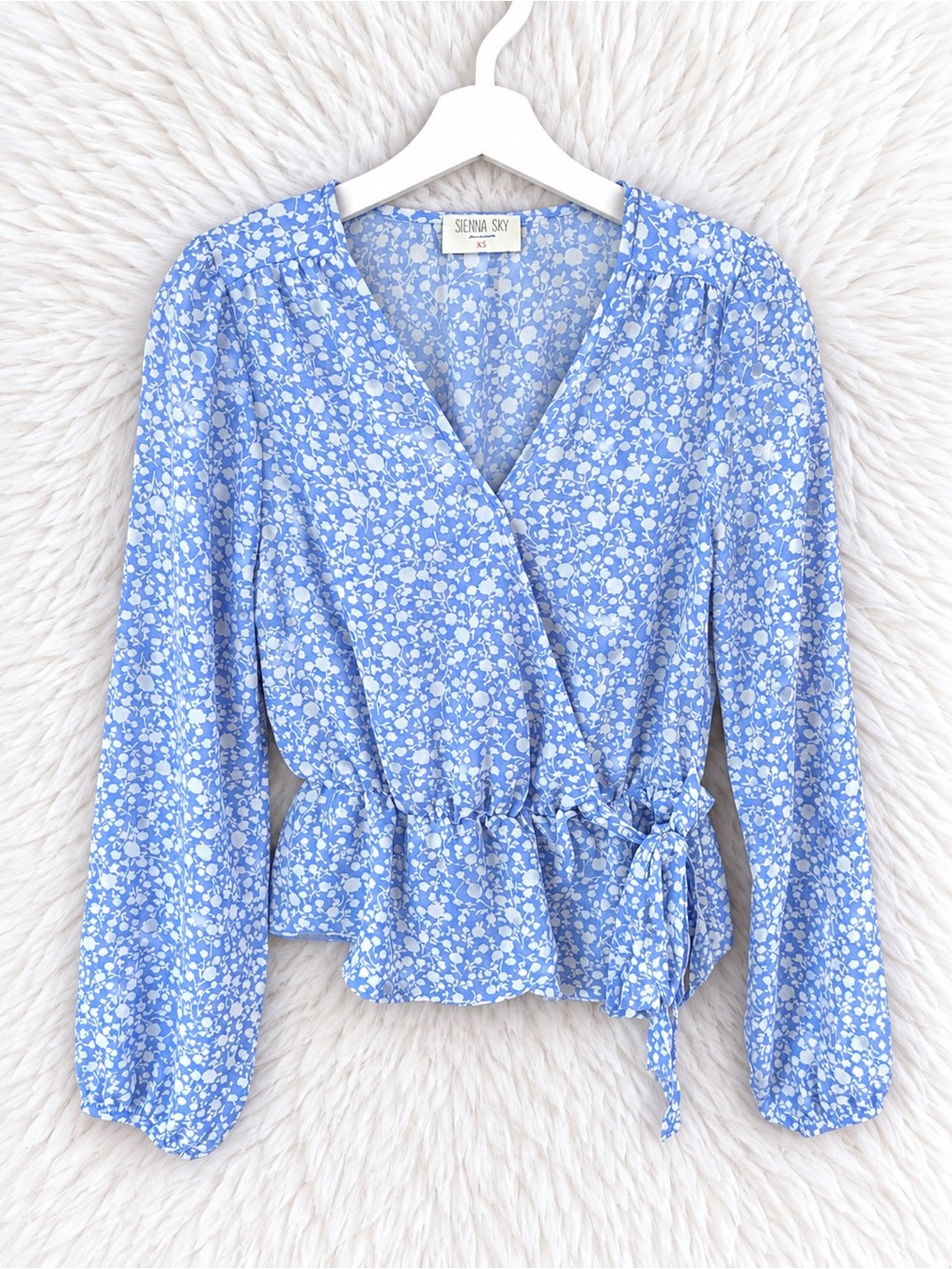 Sienna Sky Light Blue Floral Wrap Top with Tie Waist